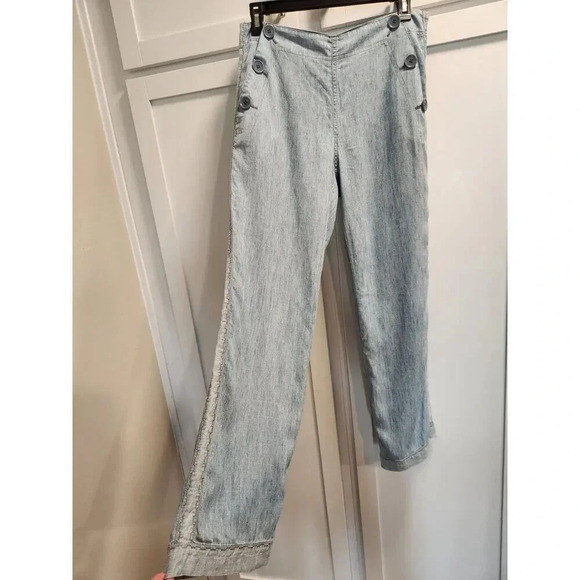 Trina Turk Duran Chambray Denim Button Sailor Wide Leg Pants with Tuxedo Stripe - Picture 1 of 9